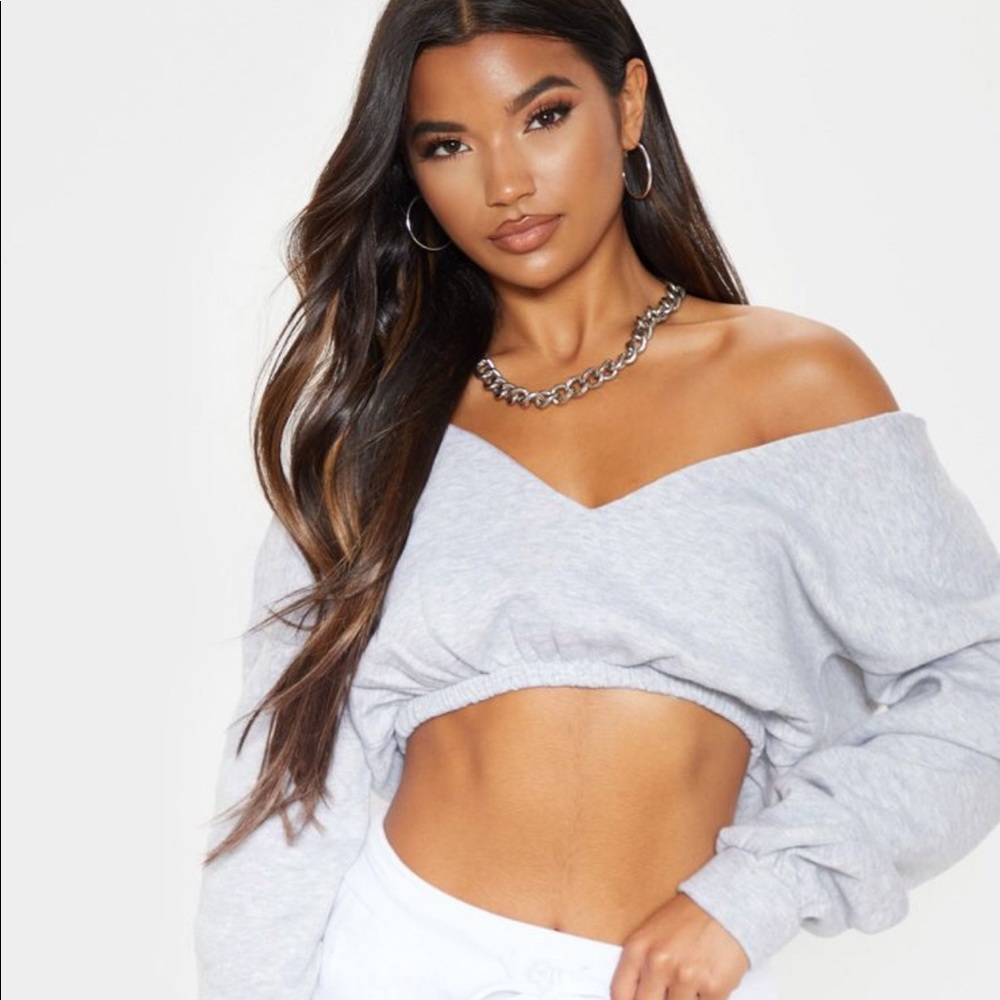 Grey Cropped Off Shoulder Sweater